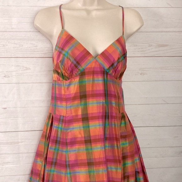 Isaac Mizrahi Size XS 100% Silk Rainbow Plaid Fit & Flare Slip Dress - Picture 3 of 12